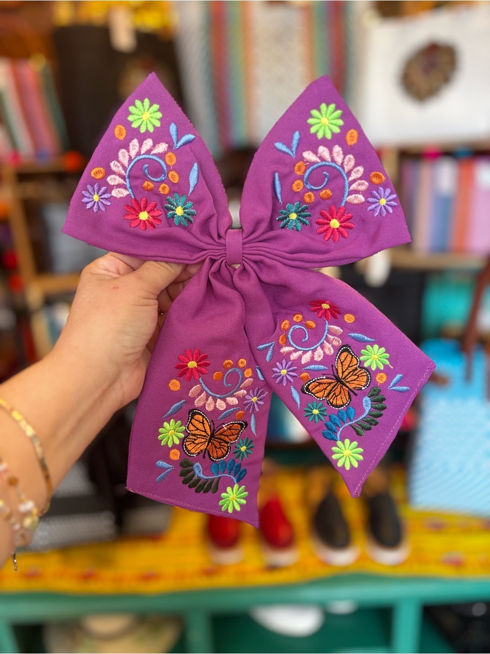 Hand Crafted Purple Embroidered Butterfly Bow Hair Clip